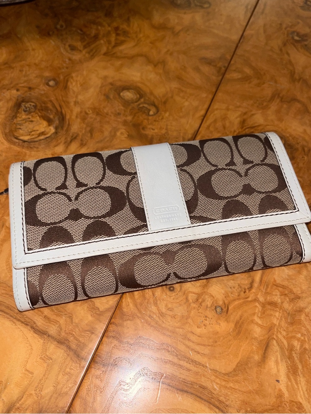 Coach Brown Signature Canvas Trifold Wallet with White Trim